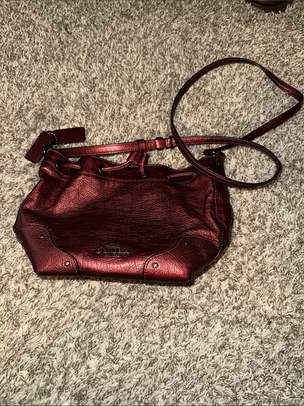 Coach Metallic Copper-Red Pebble Leather Drawstring Shoulder Bag